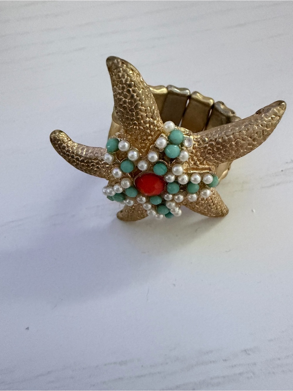 Gold Starfish Stretch Ring with Turquoise, Pearl and Coral Accents